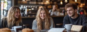 Three smiling students enjoy coffee while study books lie open on the café table.