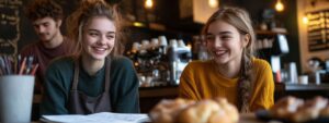 Two smiling young women chatting over coffee and study notes in a cozy café.