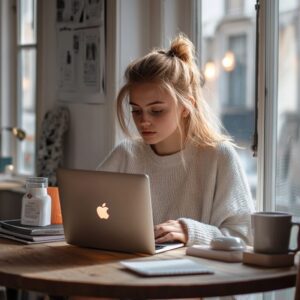 Focused college student typing on a laptop at a cozy desk near a window.