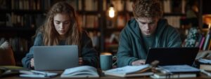 Two college students intensely studying at a table with laptops and books.