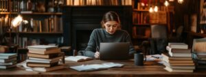 Student surrounded by textbooks in a dim library, writing notes with a laptop open.
