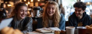 Group of happy students smiling over coffee and open notebooks.