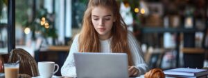 Young woman in a cozy cafe focused on laptop with study materials and breakfast on the table.