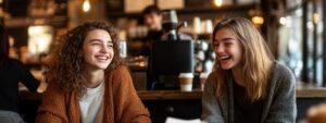 Two young women laughing together with coffee at a cozy café.