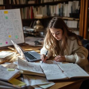 Female student working at a desk full of notes, solving mathematical equations with a laptop open.