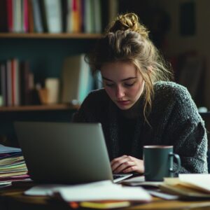 Young woman studying alone with laptop and books at home