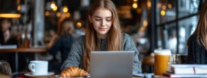 Female student with long hair studying on a laptop in a busy coffee shop.