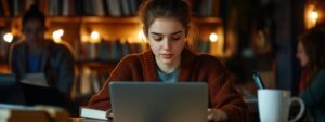 Young woman studying in a cozy library environment with warm lights and coffee.