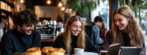 Group of cheerful students collaborating in a coffee shop over exam notes.