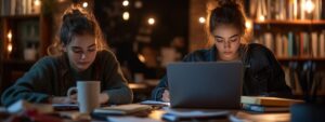 Two students studying at night, one with a laptop and one writing in a notebook.