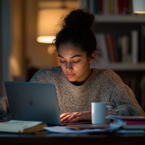 College student studying late at night with books and coffee