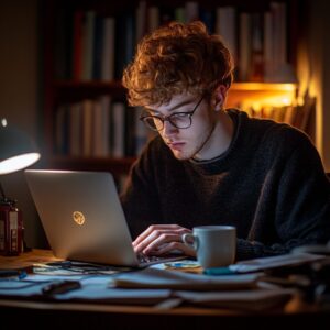 A male college student with curly hair and glasses working at night by desk lamp light.
