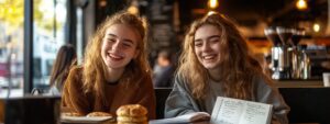 Two smiling young women at a café table with pancakes, coffee, and open notebooks.