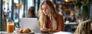 Blonde student using laptop at a café table with croissants and juice