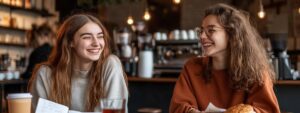 Two young women laughing and studying together in a cozy café.