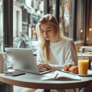 A college girl studying with a laptop and breakfast in a café window seat.