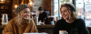 Two stylish students in sweaters enjoying coffee at a cozy café, smiling at each other.