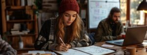 Student in winter clothes writing notes at a wooden desk with laptop and whiteboard behind.
