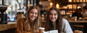 Two cheerful college girls smiling and drinking coffee while looking at notes.