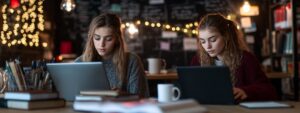 Two students working on laptops in a warmly lit study space with string lights