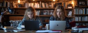 Two college students side by side, studying together in library with laptops