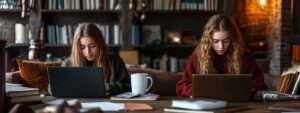 Two students sitting at a table with laptops, studying in a library.