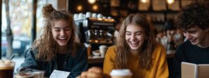 Three students laughing and studying together with coffee and pastries on the table.