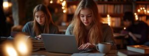 Two female students using laptops in a warm, book-filled environment with soft lighting.