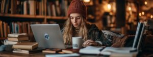 Female student in beanie using laptop and studying surrounded by books in a cozy library.