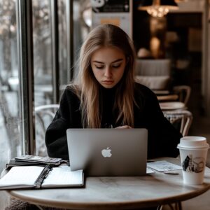 Female college student in a café working on a laptop with notebooks.