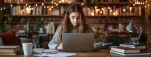 Female student working on laptop in a cozy library-like setting with warm lighting