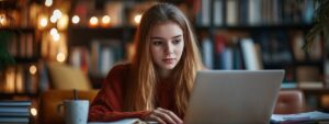 Girl in a red sweater working on a laptop in a library with warm lights
