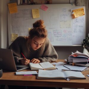 Female student focused on studying bioinformatics, surrounded by papers and notes.
