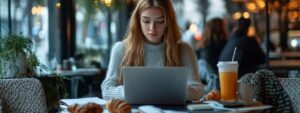 Focused student studying in a cozy café with a laptop and croissants