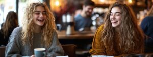 Two young women laughing together over coffee and study materials in a café.
