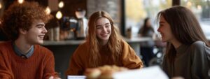 Group of college students smiling and talking at a table