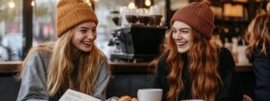 Two college friends laughing over coffee at a café in cozy knit hats