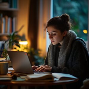 Young woman in scarf and sweater studying at her desk with a laptop and books at night.