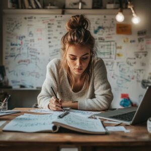 Female student with messy bun studying at a desk with papers and laptop
