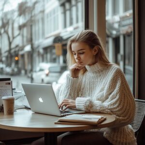 A student in a white sweater studying on a laptop in a café near the window.