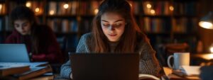 A student studying on a laptop at night in a quiet library.