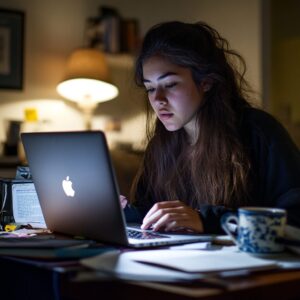 A college student working late on a laptop at a dimly lit desk with notes and coffee.