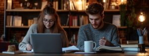 Two focused college students studying with laptops and books in a cozy library setting.