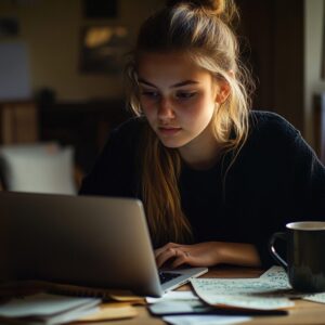 College student studying intensely at home with laptop and notes.