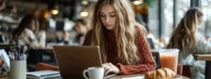 Young college woman studying at café with laptop, coffee, and croissant