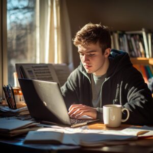 A college student working on a laptop with study materials and coffee near a window.