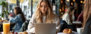 Blonde student studying on laptop in cozy café with breakfast