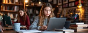 Two college students studying in library, one focused on laptop