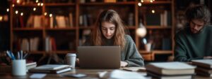 Female college student studying with laptop in cozy library setting next to a male student.