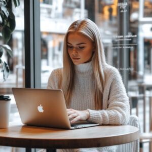 Blonde college student working on a laptop at a café window seat.